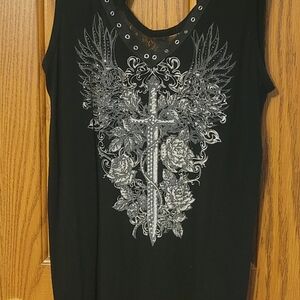 Embellished Black Tank Top with Ornate Graphic
